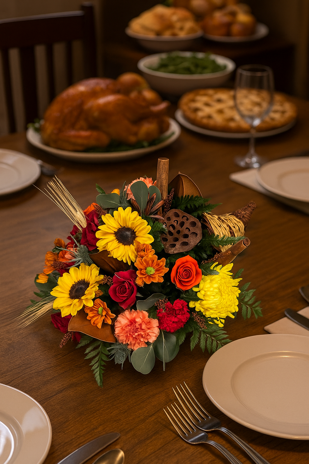 Decorative floral arrangement on a table with a roasted turkey and pies in the background.
