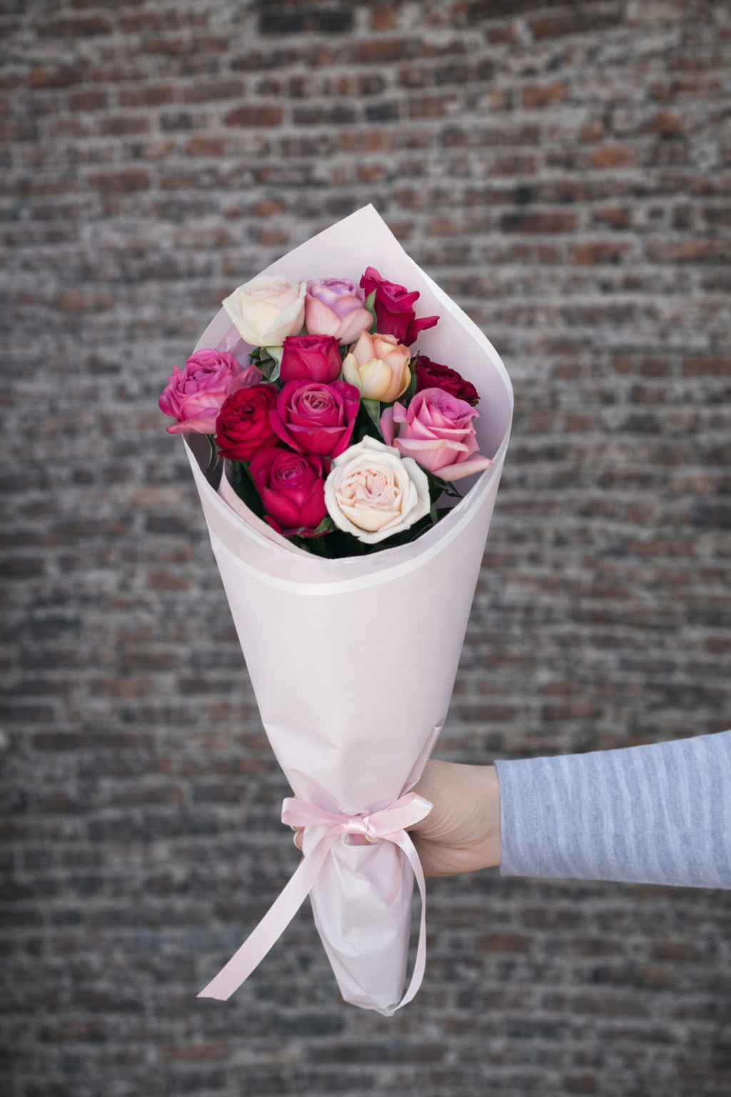 Bouquet of roses wrapped in white paper with a pink ribbon against a brick wall.
