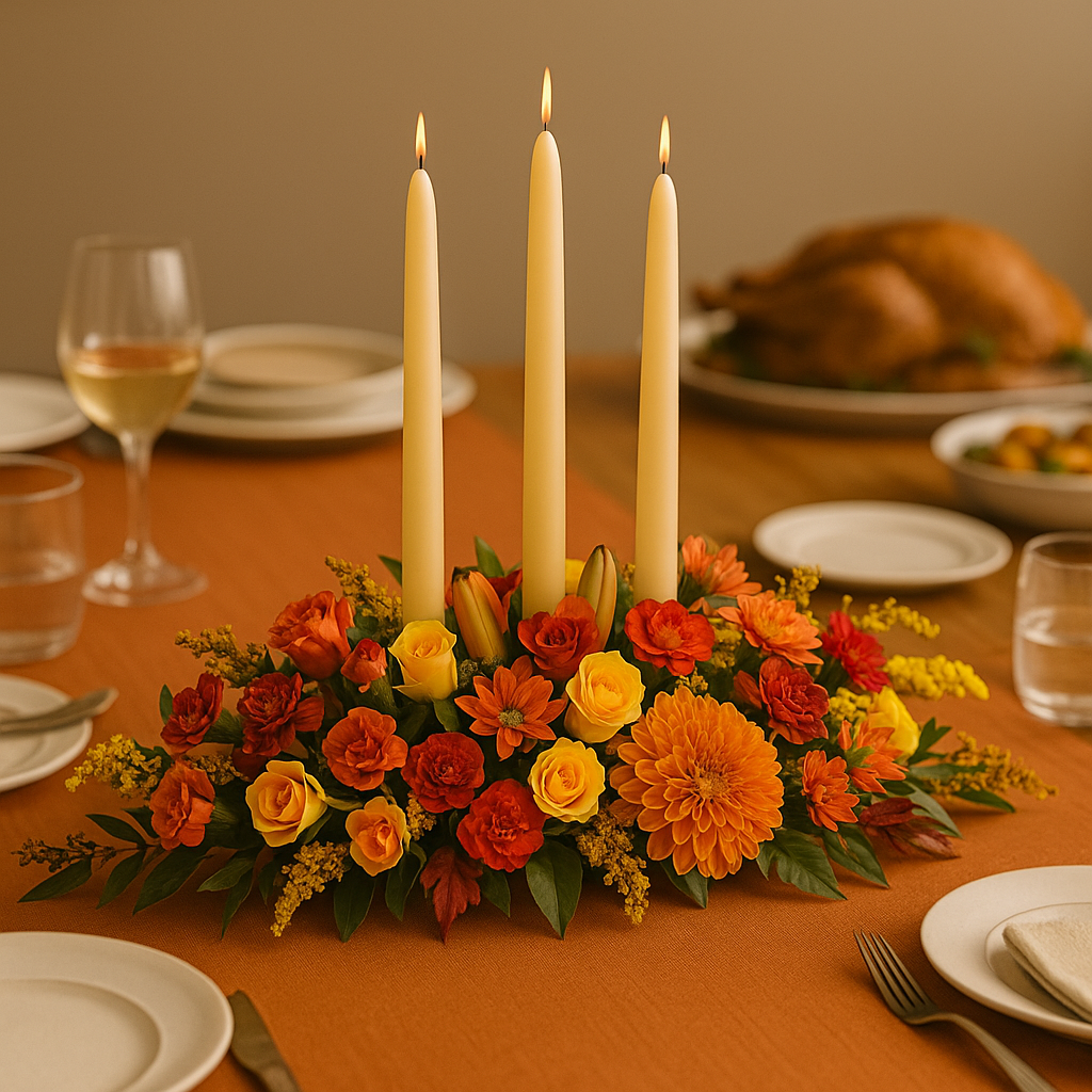 lush and low Thanksgiving centerpiece with taper candles in fall colors