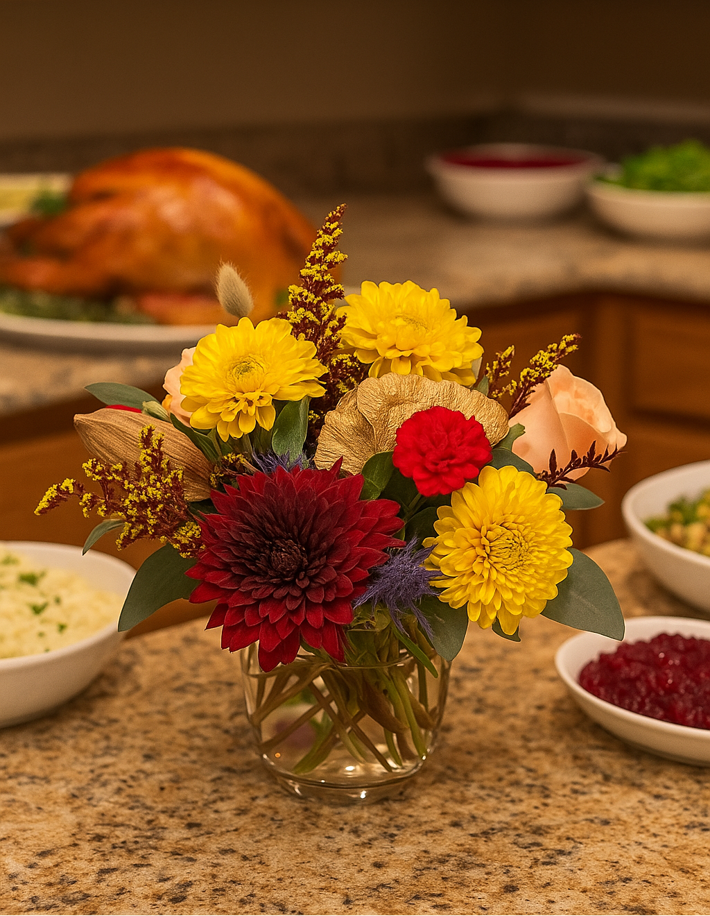 Bouquet of flowers in a vase on a kitchen counter with a roasted turkey in the background.