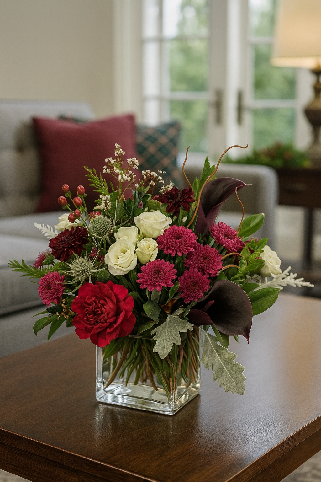 Bouquet of flowers in a clear vase on a wooden table with a blurred indoor background