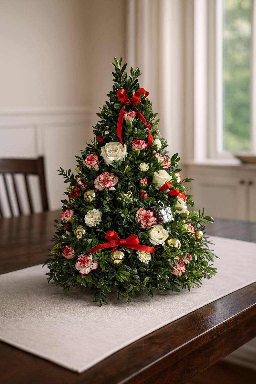 festive tabletop tree on a dining room table