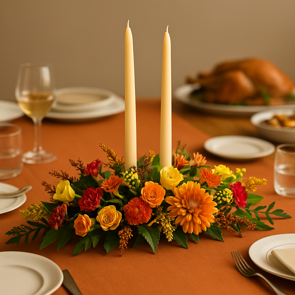 lush and low Thanksgiving centerpiece with taper candles in fall colors