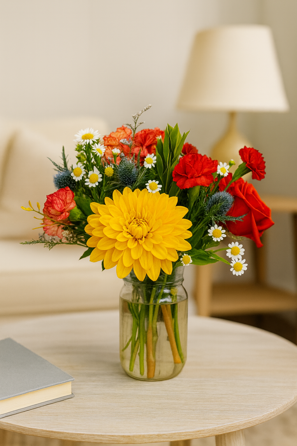 Bouquet of colorful flowers in a jar on a wooden table with a blurred background