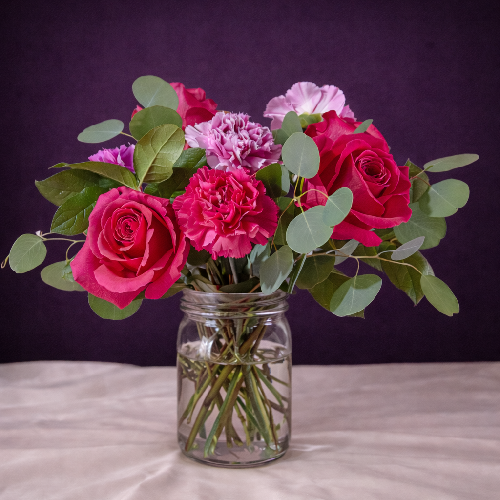 Bouquet of pink and red flowers in a clear glass vase on a purple background