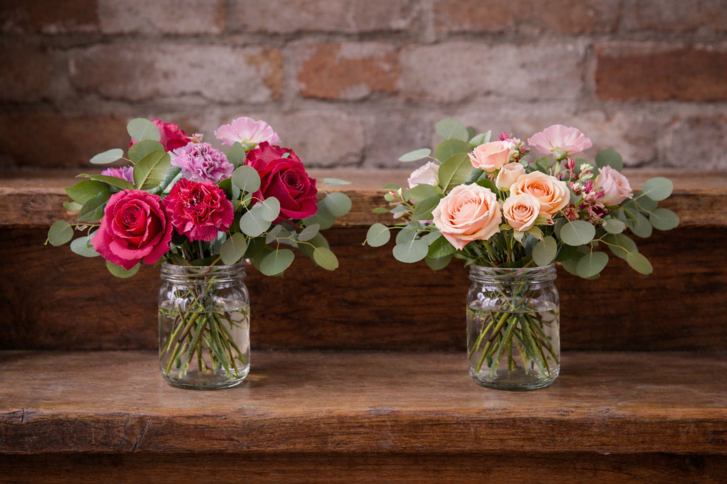 Two floral arrangements in jars on a wooden shelf with a brick wall background