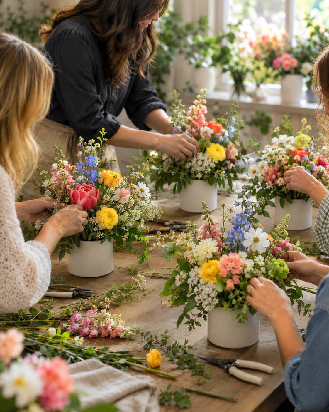 Guests creating colorful floral arrangements together around a workshop table