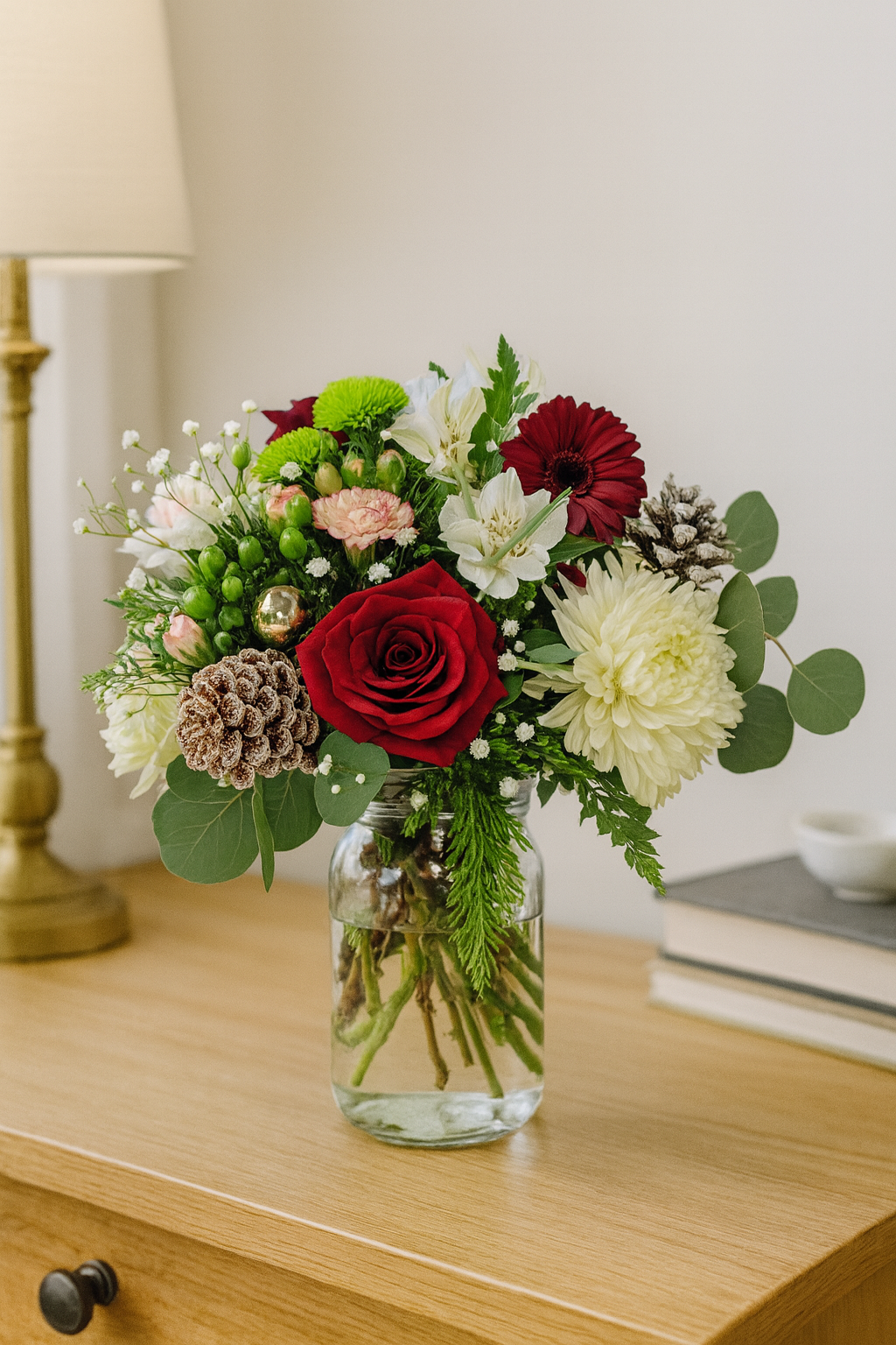 jar of flowers on desk.