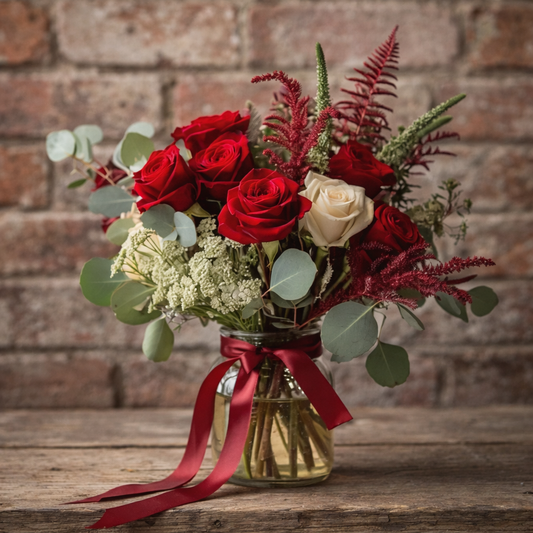 Bouquet of red and white flowers in a glass vase with a red ribbon against a brick wall.