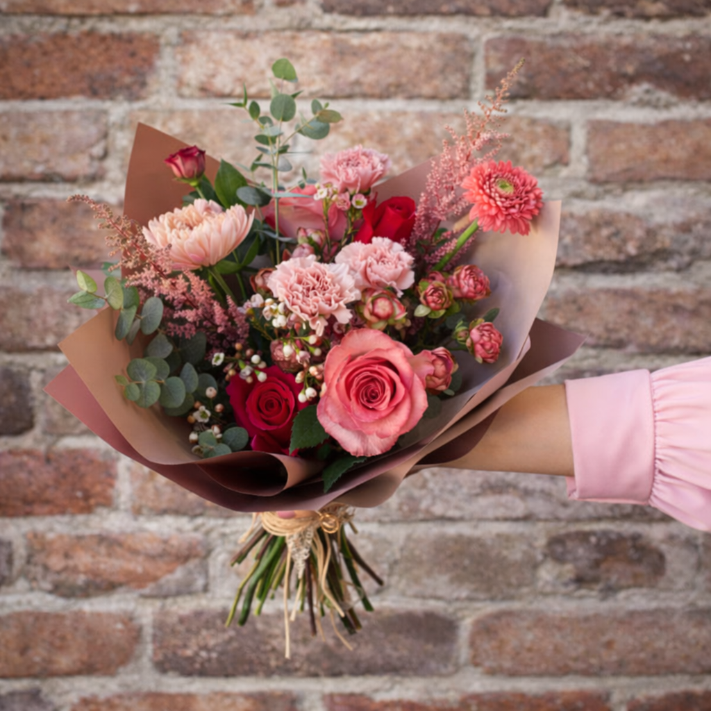 Bouquet of flowers held against a brick wall