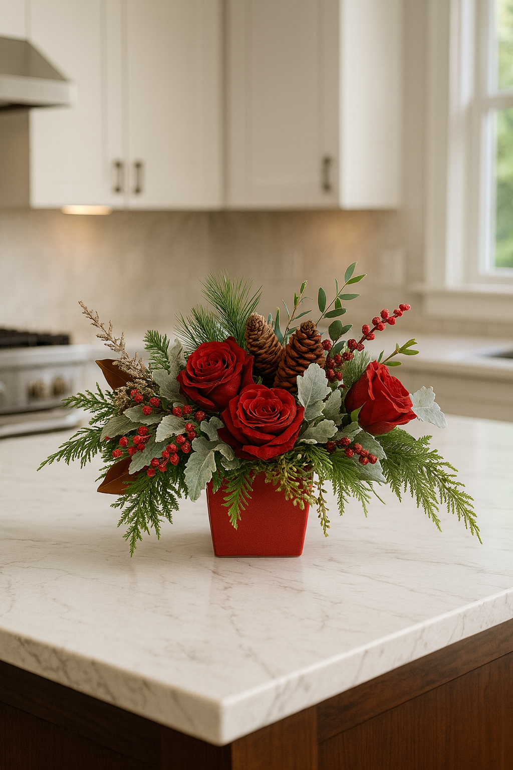 Red roses and winter foliage in a red cube vase on a kitchen island.