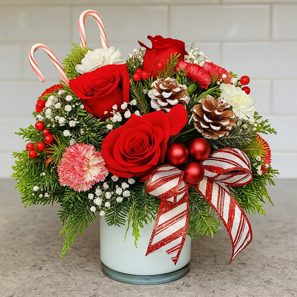 Christmas-themed floral arrangement with red roses, candy canes, and ribbons on a neutral background.