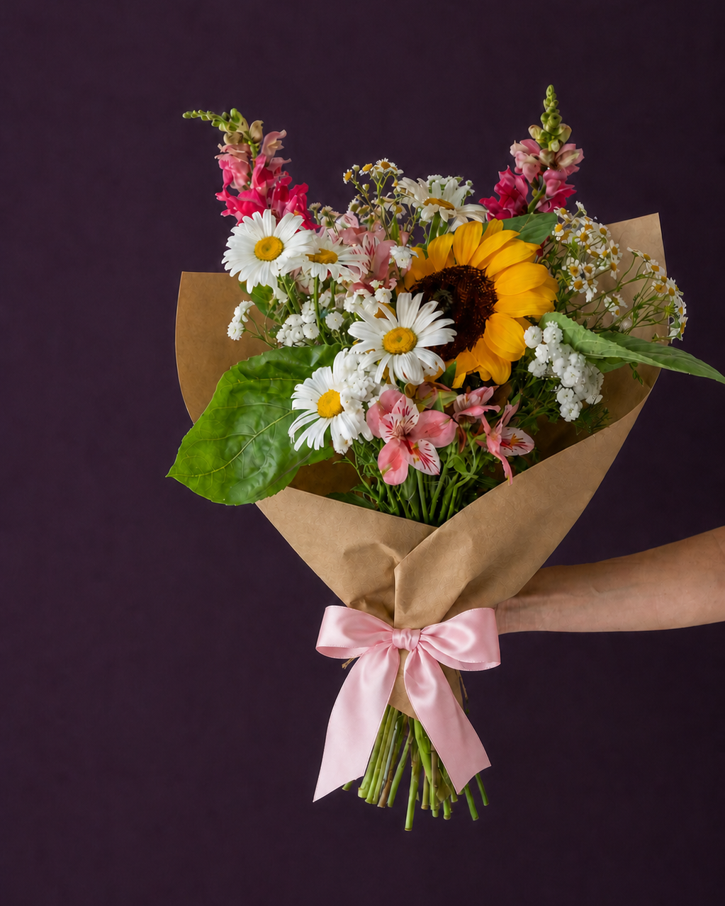 Bouquet of flowers wrapped in brown paper with a pink ribbon against a dark background