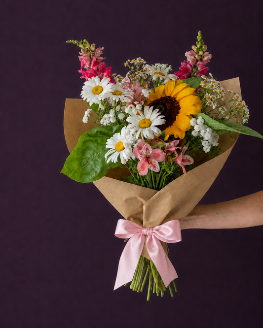 Bouquet of flowers wrapped in brown paper with a pink ribbon against a dark background