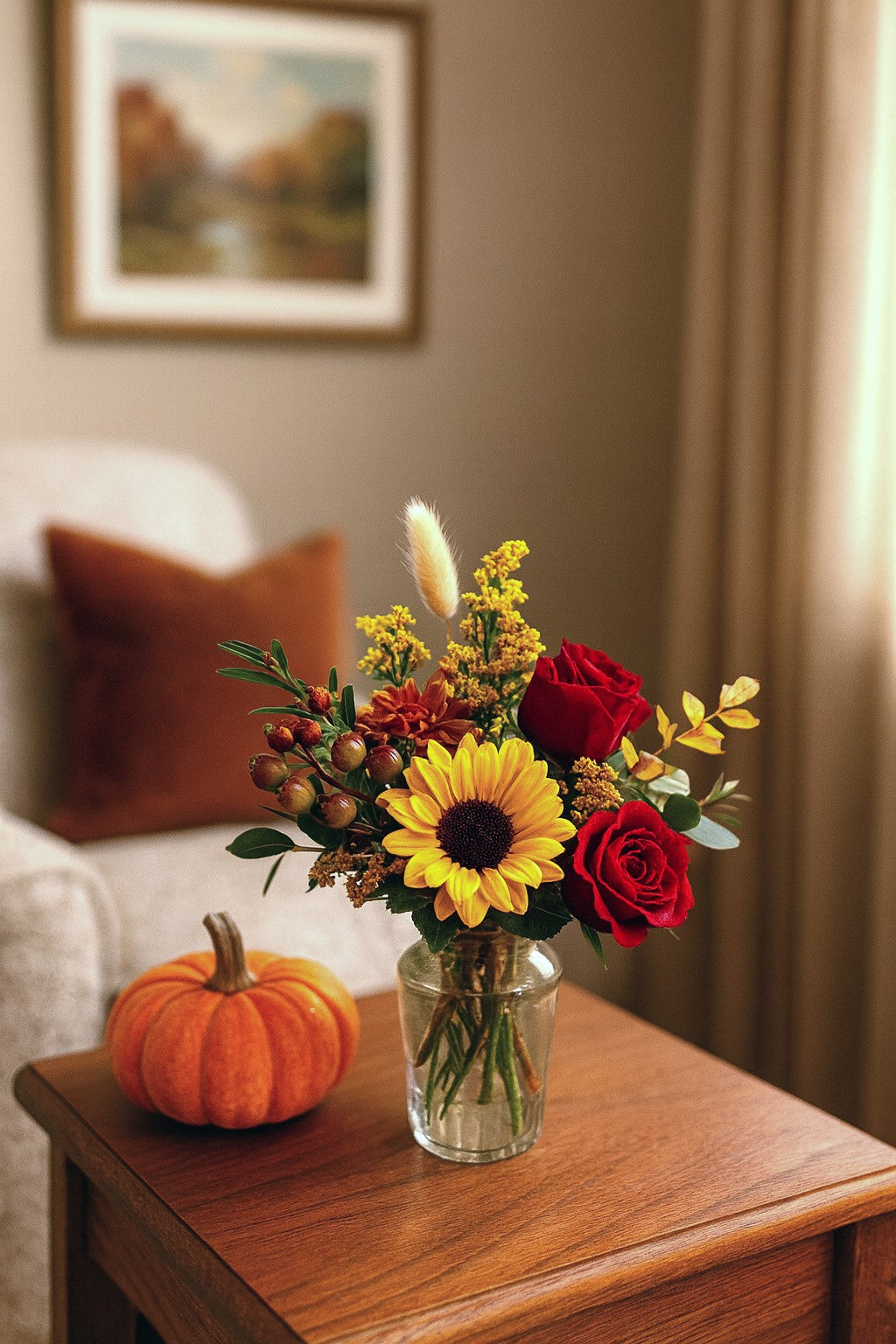 Bouquet of flowers in a vase on a wooden table with a pumpkin and a painting in the background.