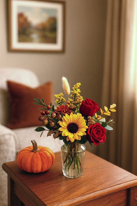 Bouquet of flowers in a vase on a wooden table with a pumpkin and a painting in the background.