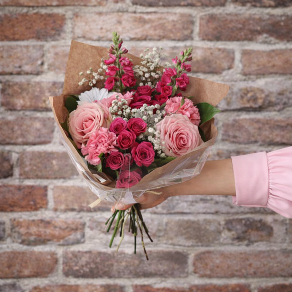 A bouquet in front of a brick wall