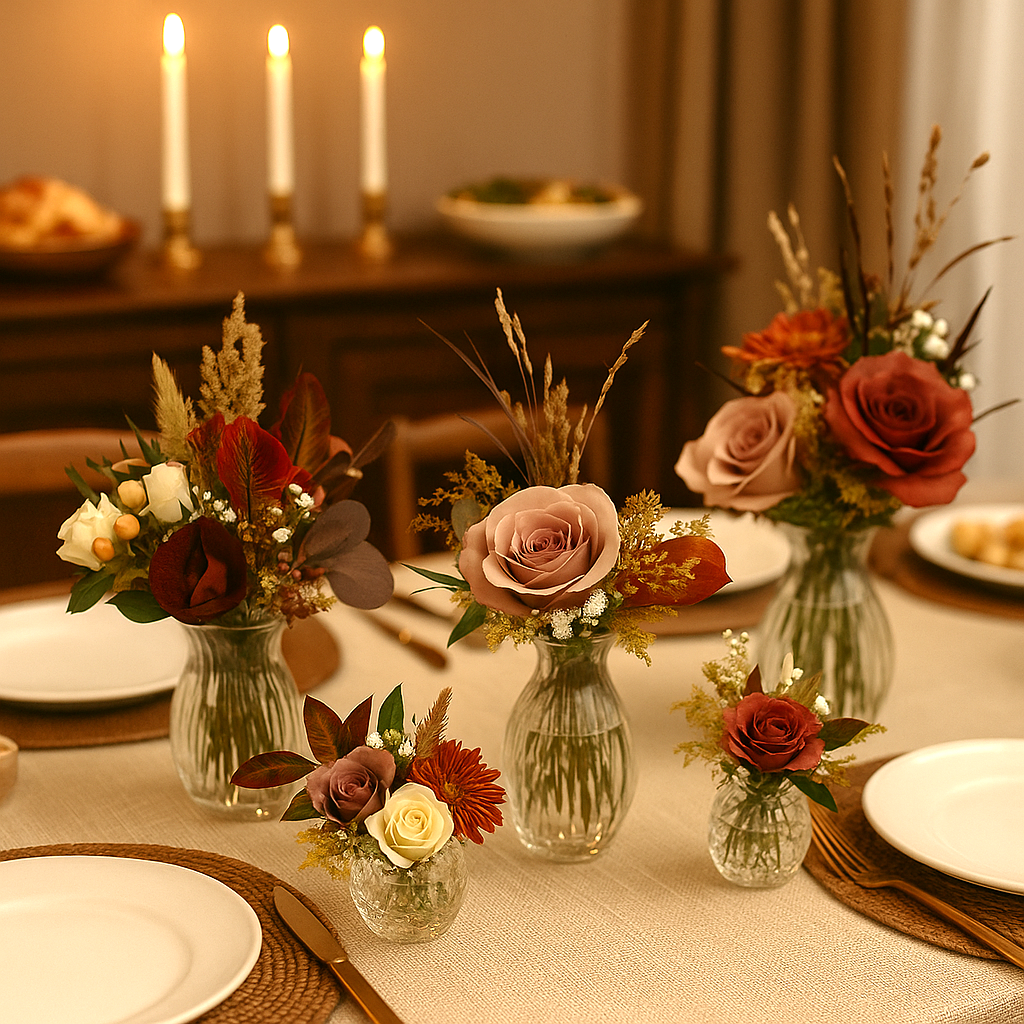Decorative table setting with floral arrangements and candles in a warm, indoor setting.